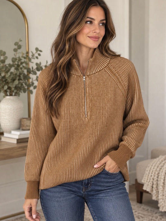 Zenana Outfitters Sweaters - Zenana Outfitters Ribbed Half-Zip Sweater in Camel Brown